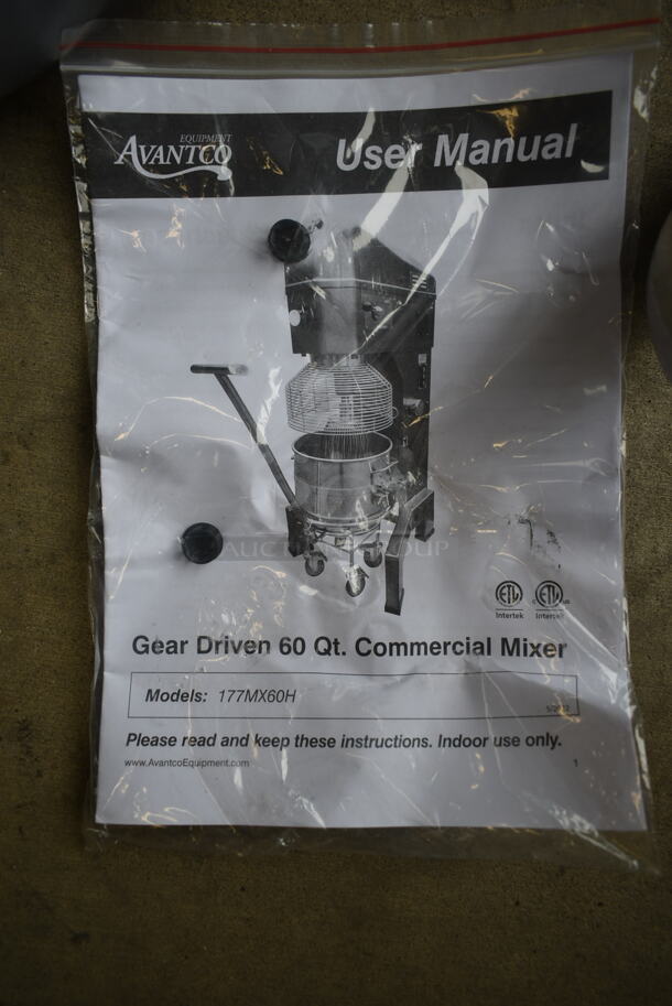 BRAND NEW SCRATCH AND DENT! Avantco 177MX60 Metal Commercial Floor Style 60 Quart Planetary Dough Mixer w/ Stainless Steel Mixing Bowl, Bowl Guard, Extra Bowl Support Piece, Dolly, Dough Hook, Paddle and Whisk Attachments. 240 Volts, 3 Phase. Tested and Working! - Image 10 of 12