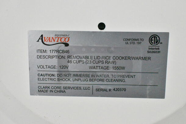 Avantco 177RCB46 Metal Countertop 46 Cup Rice Cooker. 120 Volts, 1 Phase. Tested and Working! - Image 7 of 7