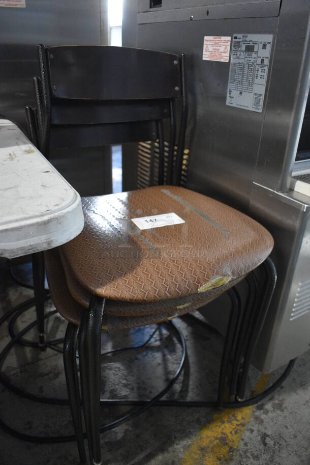 3 Dark Wood Pattern Dining Chairs w/ Woven Brown Seat Cushion. 17x18x32. 3 Times Your Bid! - Image 4 of 4