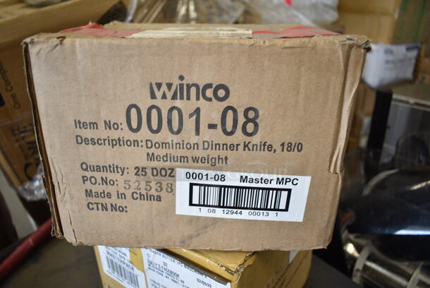 2 Boxes; One 12 Dozen BRAND NEW! Winco 0001-08 8" Dinner Knife with 18/0 Stainless Grade and One Box of 12 Dozen Oneida T023KSBF Mascagni Stainless Steel Extra Heavy Weight Butter Spreader. 2 Times Your Bid! - Image 3 of 4