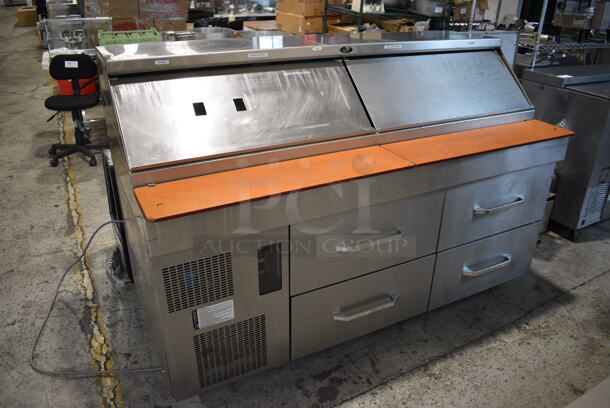 Randell Stainless Steel Commercial Sandwich Salad Prep Table Bain Marie Mega Top w/ Cutting Boards and 4 Drawers on Commercial Casters. 72x36x47. Tested and Powers On But Does Not Get Cold