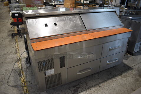 Randell Stainless Steel Commercial Sandwich Salad Prep Table Bain Marie Mega Top w/ Cutting Boards and 4 Drawers on Commercial Casters. 72x36x47. Tested and Powers On But Does Not Get Cold