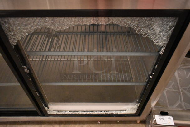 BRAND NEW SCRATCH AND DENT! Avantco 178UBB60SHCS 60" Stainless Steel Counter Height Narrow Sliding Glass Door Back Bar Refrigerator with LED Lighting. See Pictures for Broken Door Glass. 115 Volts, 1 Phase. Tested and Working! - Image 4 of 7