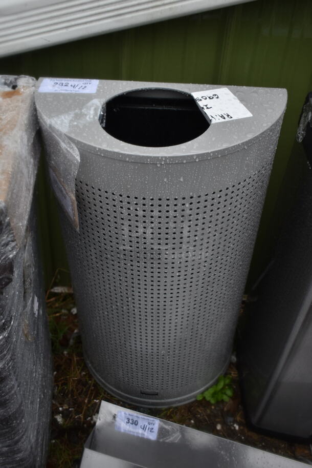 BRAND NEW SCRATCH AND DENT! Rubbermaid 690SH12EPLSM  Silhouettes Silver Metallic Steel Designer Half Round Waste Receptacle -12 Gallon - Image 2 of 6