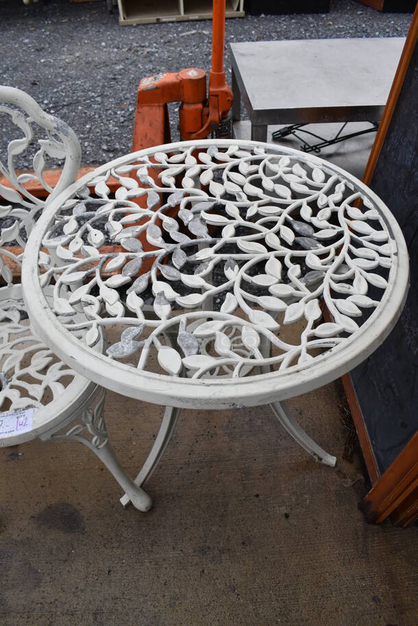 3 White Metal Outdoor Patio Furniture Pieces; 1 Chair and 2 Tables. 16x16x34, 24x24x26. 3 Times Your Bid! - Image 6 of 6