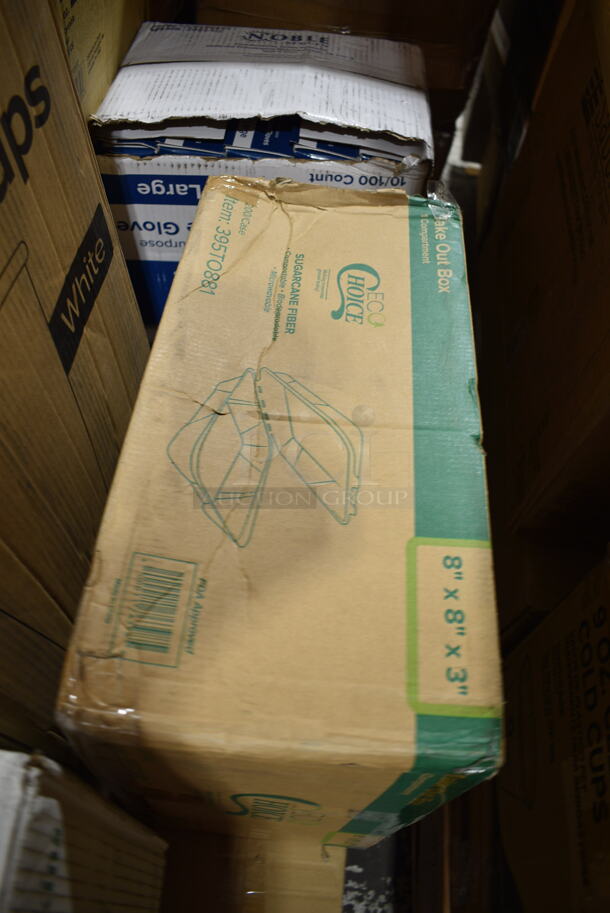 PALLET LOT of 32 BRAND NEW Boxes Including 347RPBD10WHS Visions 10" White Plastic Plate with Silver Bands - 120/Case, Choice Medium Weight White Sporks, 500MFT Lavex White M-Fold (Multifold) Towel - 4000/Case, 3 Box E301455400 Leather Conditioner, 2 Box Choice Hot Cup Travel Lids, 500TW5 Choice 5 oz. Translucent Thin Wall Plastic Cold Cup - 2500/Case, 966TALLFLDB Choice White Tall-Fold 6" x 13" Dispenser Napkin - 8000/Case, 128HD8COMBO ChoiceHD 8 oz. Microwavable Translucent Plastic Deli Container and Lid Combo Pack - 240/Case, Ceramic Pizza Trays, 612FFL1230 Choice Foil Steam Table Pan Lid - Full Size - 50/Case, 395TO881 EcoChoice 8" x 8" x 3" Compostable Sugarcane / Bagasse 1 Compartment Take-Out Box - 200/Case, 129MCR24B Choice 24 oz. Black Round Microwavable Heavy Weight Container with Lid 7 1/4" - 150/Case. 32 Times Your Bid!  - Image 11 of 12