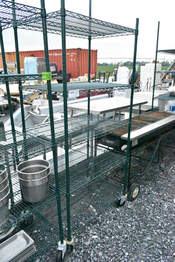 Green Finish 5 Tier Wire Shelving Unit on Commercial Casters. BUYER MUST DISMANTLE. PCI CANNOT DISMANTLE FOR SHIPPING. PLEASE CONSIDER FREIGHT CHARGES. - Image 1 of 4