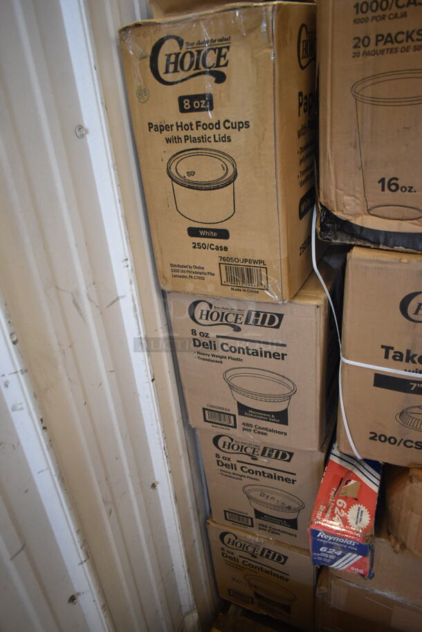 PALLET LOT of 30 BRAND NEW Boxes Including 760SOUP8WPL Choice 8 oz. White Double Poly-Coated Paper Food Cup with Vented Plastic Lid - 250/Case, 3 Box 128HD8BULK ChoiceHD 8 oz. Microwavable Translucent Plastic Deli Container - 480/Case, 500CC16 Choice Plastic Cold Cup, 612527PCO Choice 7" Round Standard Weight Foil Take-Out Pan with Dome Lid - 200/Case, 612P558 Choice 8" Clear Round Plastic Dome Lid - 500/Case, 160TCPR83WH Choice 83" Round White 100% Spun Polyester Hemmed Cloth Table Cover, 2 Box 128HDLDBULK ChoiceHD Microwavable Translucent Plastic Deli Container Lid - 480/Case, 37T019 Libbey 9" Plates, 500TW35 Choice 3.5 oz. Translucent Thin Wall Plastic Cold Cup - 2500/Case, 394365L Noble Products Powder-Free Disposable Clear Vinyl Gloves for Foodservice - Large - 1000/Case, 245CB12PLN Choice 12" x 12" x 2" Kraft Customizable Corrugated Plain Pizza Box - 50/Case, 500PMGREEKBL Choice 10" x 14" Greek Key Blue Placemat - 1000/Case, 129MCS24W Choice 24 oz. White 8" x 5 1/4" x 2" Rectangular Microwavable Heavy Weight Container with Lid - 150/Case, 347TCL7 CUP 7OZ TUMBLER CL 500 CHOICE, 2 Box 129MCR32B Choice 32 oz. Black 7 1/4" Round Microwavable Heavy Weight Container with Lid - 10/Pack, 760SOUP12WP Choice 12 oz. White Double Poly-Coated Paper Food Cup with Vented Plastic Lid - 250/Case. 30 Times Your Bid! - Image 2 of 12