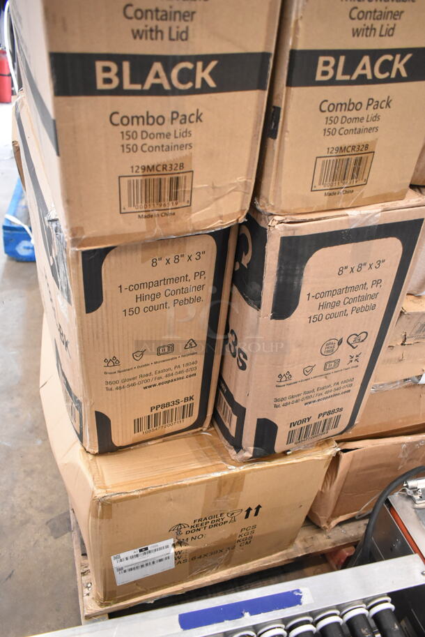 PALLET LOT of 23 BRAND NEW Boxes Including 2 Box 129MCR32B Choice 32 oz. Black Round Microwavable Heavy Weight Container with Lid 7 1/4" - 150/Case, 2 Box PP8835-BK Containers, Ivory PP883s Containers, PP883-BK Containers, 127P2B Choice Black 2 oz Portion Cups, 130HFBK1M Visions Black Heavy Weight Plastic Fork - Case of 1000, 4 Box Lancaster Table and Seating 164TB2222 22" x 22" Cross Cast Iron Table Base Plate. 23 Times Your Bid! - Image 4 of 9