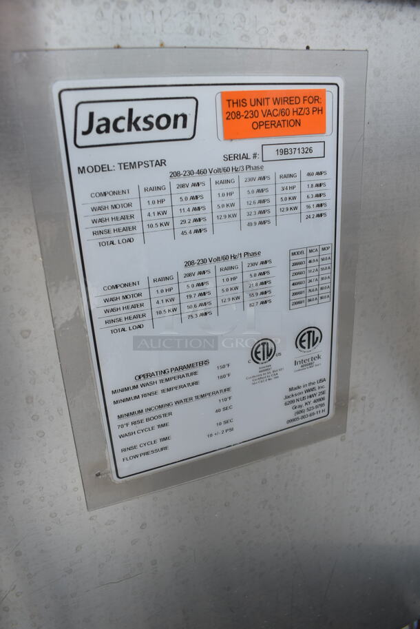 2019 Jackson TEMPSTAR Stainless Steel Commercial Pass Through Dishwasher. Goes GREAT w/ Lot 248! 208-230-460 Volts, 3 Phase.  - Image 12 of 12