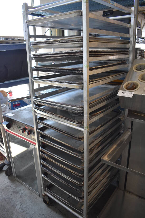 Metal Commercial Pan Transport Rack on Commercial Casters w/ 40 Full Size Metal Baking Pans. 21x26x69. 18x26x1