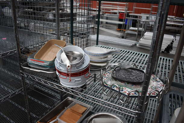ALL ONE MONEY! Lot of Chrome Finish 5 Tier Shelving Unit on Commercial Casters w/ All Contents Including Metal Baking Pans, Buckets. BUYER MUST DISMANTLE. PCI CANNOT DISMANTLE FOR SHIPPING. PLEASE CONSIDER FREIGHT CHARGES. 36x18x92 - Image 4 of 5