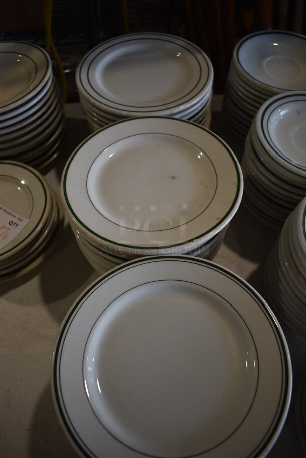 47 White Ceramic Plates w/ Green Lines on Rim. 7.5x7.5x1. 47 Times Your Bid! - Image 3 of 4