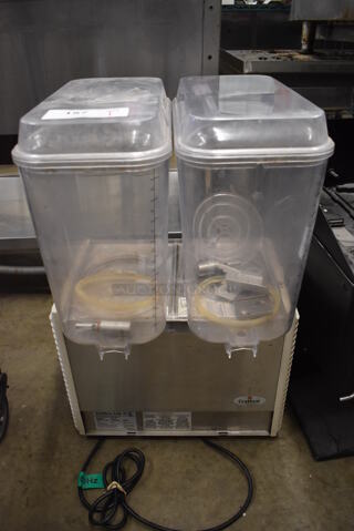 2017 Crathco D25-4 Stainless Steel Commercial Countertop 2 Hopper Refrigerated Beverage Machine. 115 Volts, 1 Phase. 15x15x28. Tested and Powers On But Does Not Get Cold