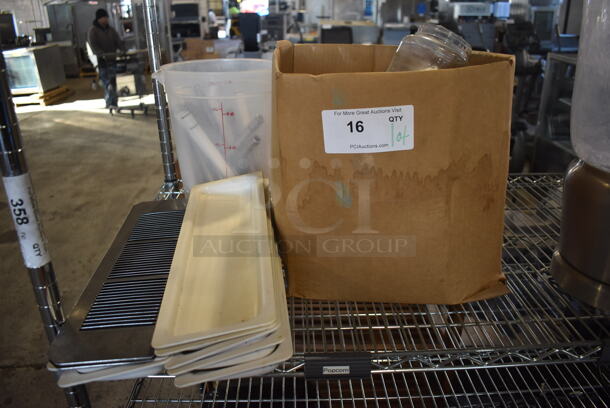 ALL ONE MONEY! Lot of Various Pieces to Ice Cream Machine Including 7 Poly Drip Trays and 2 Metal Drip Tray Grates - Image 1 of 6