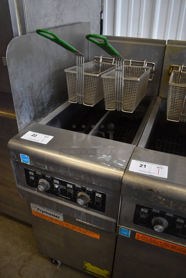 2012 Frymaster Model PH155-2SC ENERGY STAR Stainless Steel Commercial Floor Style Natural Gas Powered Deep Fat Fryer w/ 2 Metal Fry Baskets and Left Side Splash Guard on Commercial Casters. 40,000 BTU. 15.5x30x46 - Image 2 of 7