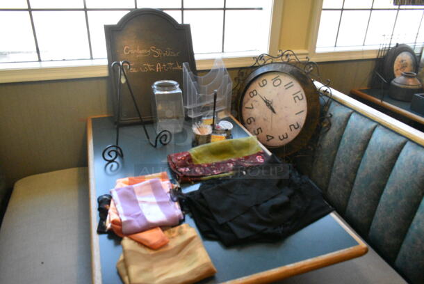 Wall Mount Table w/ Contents Including Clock and Decor. BUYER MUST REMOVE: Bring Tools and Manpower Needed To Remove This Item. (booth room)  - Image 2 of 9