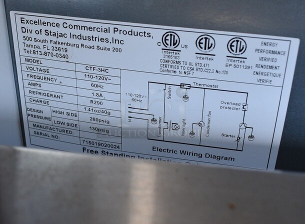Excellence Model CTF-3HC Metal Mini Freezer Merchandiser. 110-120 Volts, 1 Phase. 24x21.5x26.5. Tested and Working! - Image 5 of 5
