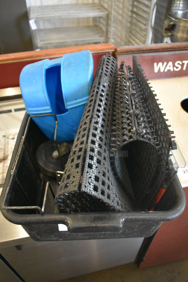 ALL ONE MONEY! Lot of Various Items Including Mats and Blue Scoop Holder in Black Poly Bus Bin