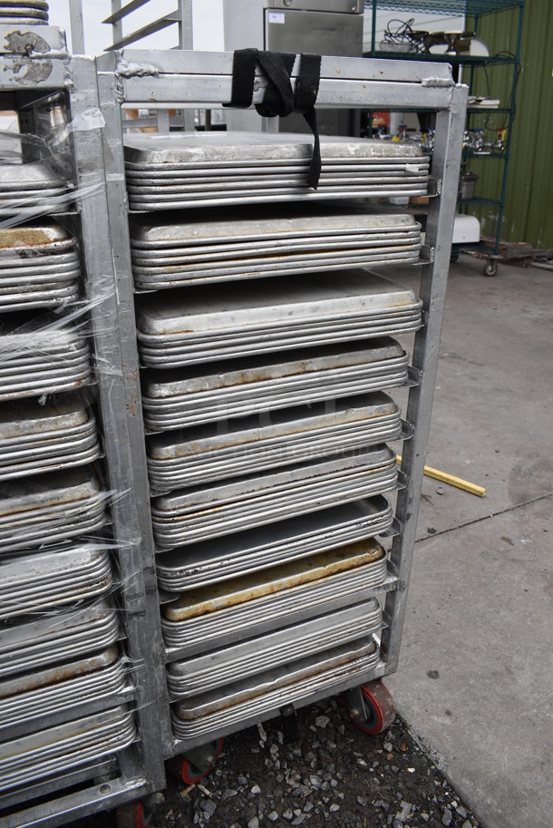 Metal Commercial Pan Transport Rack on Commercial Casters w/ 58 Metal Full Size Baking Pans. 21x26x52. 18x26x1 - Image 3 of 4