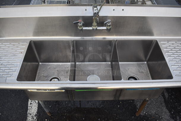 Stainless Steel 3 Bay Sink w/ Dual Drain Boards, Faucet and Handles. 72x22x44. Bays 14x16x12. Drain Boards 13x18x1 - Image 5 of 5