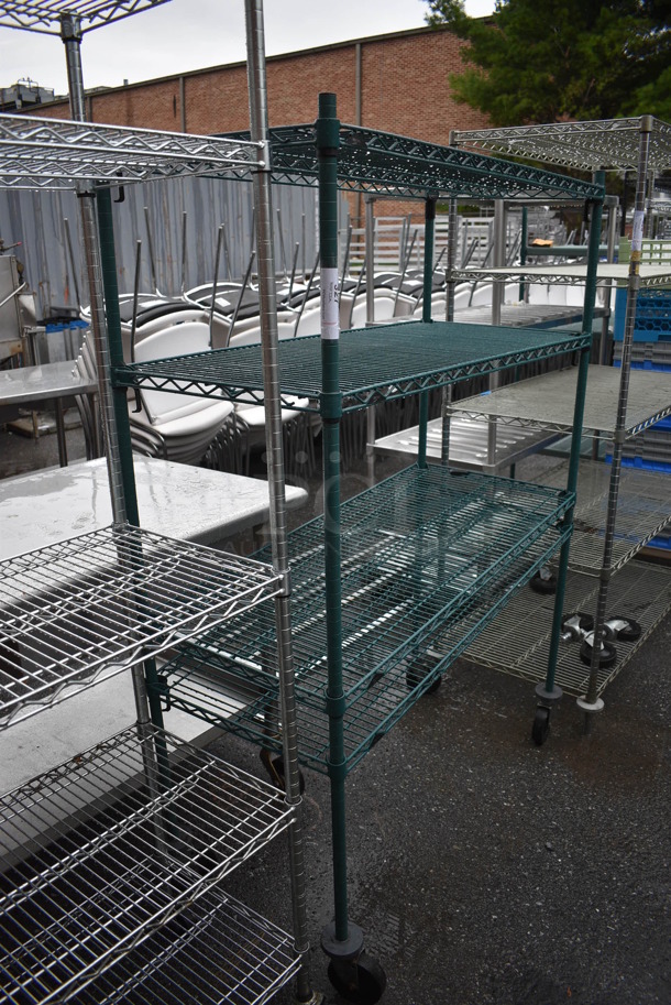 Metro Green Finish 4 Tier Shelving Unit on Commercial Casters. BUYER MUST DISMANTLE. PCI CANNOT DISMANTLE FOR SHIPPING. PLEASE CONSIDER FREIGHT CHARGES. 48x21x68