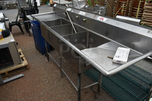 Stainless Steel Commercial 3 Bay Sink w/ Dual Drain Boards and Spray Nozzle Attachment. Bays 17.5x18. Drain Boards 16x19.5 