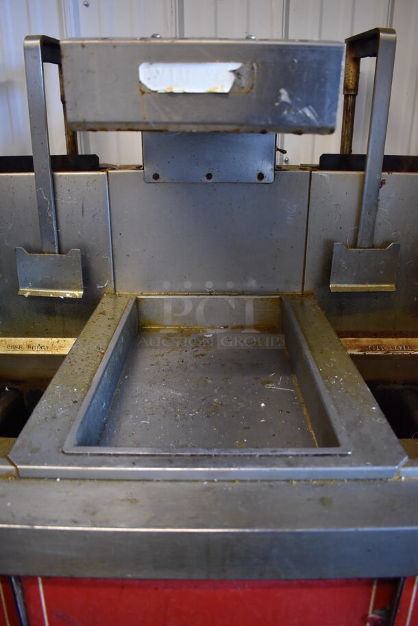 Vulcan 30RD45 Stainless Steel Commercial Floor Style Natural Gas Powered 2 Bay Deep Fat Fryer w/ Center Dumping Station on Commercial Casters. Missing Caster. 240,000 BTU. 47x35x58 - Image 6 of 12