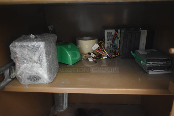 Tan Metal 2 Door Cabinet w/ Contents Including Panasonic Commercial Electric Stapler and Tools on Commercial Casters. - Image 4 of 12