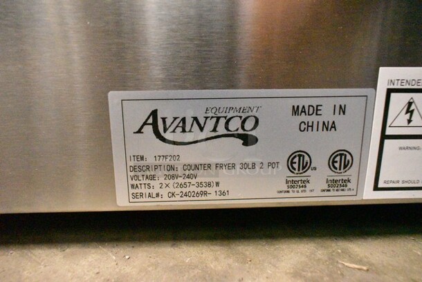 BRAND NEW SCRATCH AND DENT! 2024 Avantco 177F202 Stainless Steel Commercial Countertop Electric Powered 2 Bay Fryer w/ Lids and Metal Fry Baskets. 208-240 Volts, 1 Phase. - Image 11 of 11