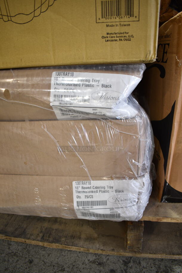PALLET LOT of 15  BRAND NEW Boxes Including 3 Box 130TRAY18 Visions Black PET Plastic 18" Thermoform Catering / Deli Tray - 25/Case, 127CH24 Choice 24 oz. Clear RPET Hinged Deli Container - 200/Case, 612527LCO Choice 7" Round Standard Weight Foil Take-Out Pan with Board Lid - 200/Case, 176WDTSB010 Choice 10" Woven Wood Salad Bowl - 12/Pack, 2 Box 500CC12HD Choice 12 oz. Plastic Cold Cup - 1000/Case, 5014347M15 Lavex Li'l Herc 56 Gallon 1.5 Mil 43" x 47" Low Density Medium-Duty Black Can Liner / Trash Bag - 100/Case, Kraft Take Out Container, 808124C1 Tablecraft 124C-1 24 oz. Clear Cone Tip Squeeze Bottle with 38 mm Opening - 12/Pack, 6 oz Paper Hot Cups, Stolzle 3580015T Revolution 13 oz. Rocks / Old Fashioned Glass - 6/Pack. 15 Times Your Bid! - Image 2 of 12