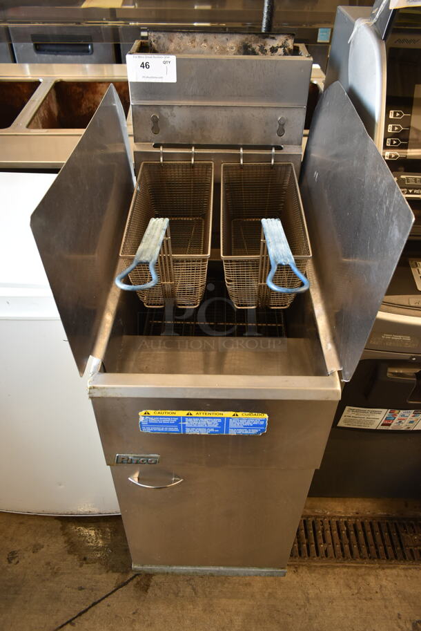 2016 Pitco Frialator 40D Stainless Steel Commercial Floor Style Natural Gas Powered Deep Fat Fryer w/ 2 Metal Fry Baskets and 2 Side Splash Guards. 115,000 BTU.  - Image 1 of 4