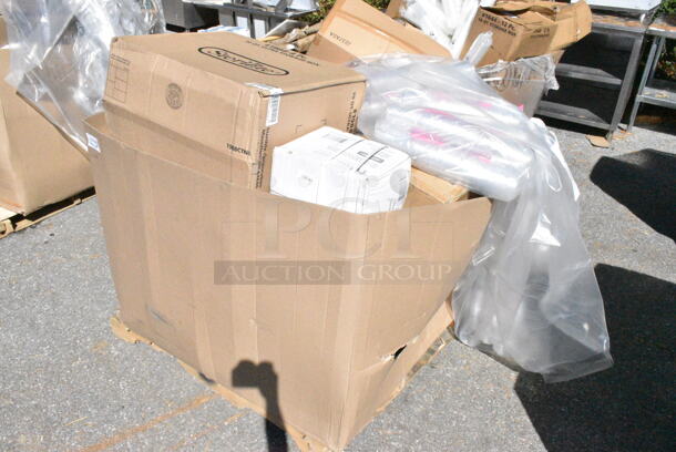 20 BRAND NEW Boxes Including 2in1 Sterilizer Hot Towel Warmer, 433MSLCPIE Choice 5" Clear Hinged Slice Container with Medium Dome Lid - 300/Case, 130WFORK Medium Weight White Plastic Fork, Banquet Rolls. 20 Times Your Bid! - Image 1 of 12