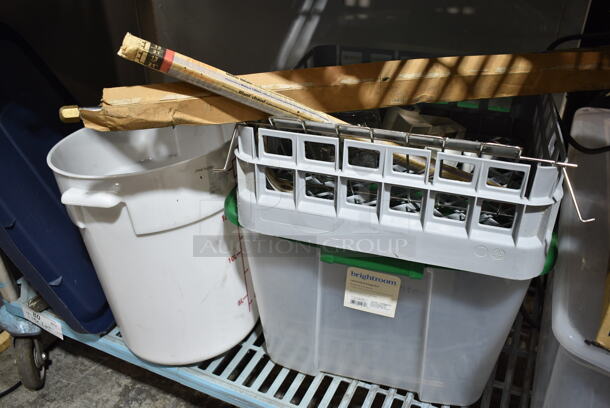 ALL ONE MONEY! Two Tier Lot of Various Items Including Poly Bins, Glasses, Satellite Server, Dish Caddy, Funnel, Bagel Saber, Mop Head. - Image 10 of 11