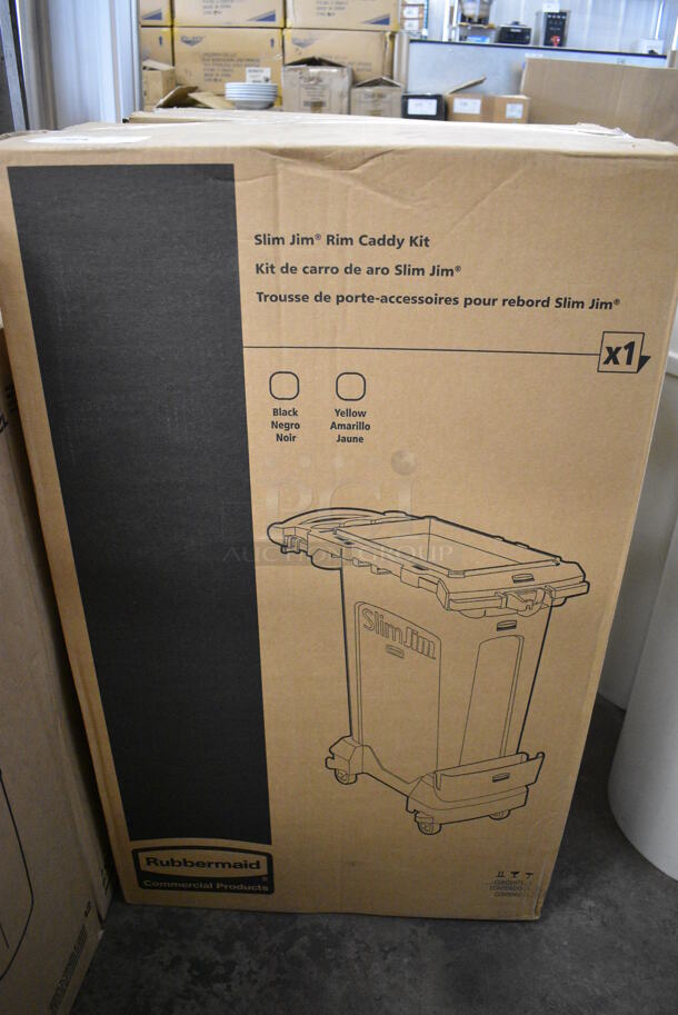 BRAND NEW IN BOX! Rubbermaid Black and Yellow Poly Slim Jim Caddy Kit on Casters. 33x13x35 - Image 7 of 7