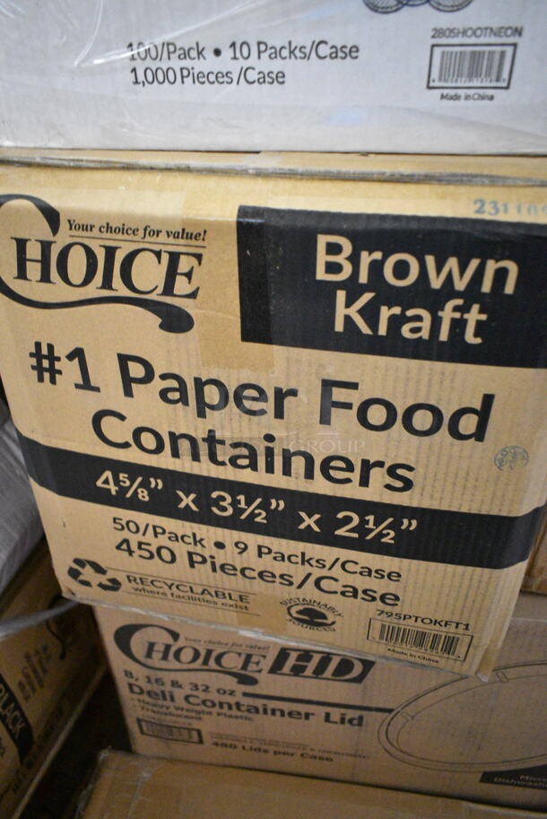 PALLET LOT of 30 BRAND NEW Boxes Including 3 Box 795PTOKFT1 Choice 4 5/8" x 3 1/2" x 2 1/2" Kraft Microwavable Folded Paper #1 Take-Out Container - 450/Case, 2 Choice Deli Container Lids, 280SHOOTNEON Choice 5 5/8" Neon Plastic Test Tube Shot / Shooter with Assorted Colors - 1000/Case, 164UMBAL06TC Umbrella, 612527PCO Choice 7" Round Standard Weight Foil Take-Out Pan with Dome Lid - 200/Case, Strawberry Street Dinner Set, 164IMBSS75CM Umbrella. 30 Times Your Bid!  - Image 9 of 12