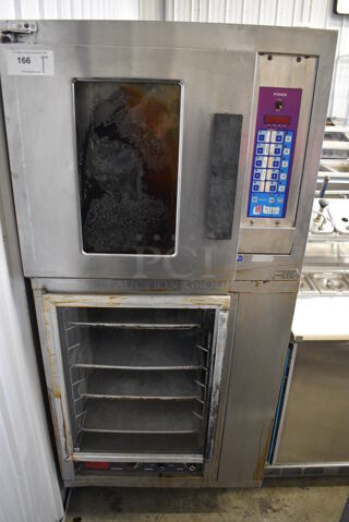 Lang Stainless Steel Commercial Electric Powered Half Size Convection Oven w/ Lower Proofer on Commercial Casters. 250 Volts, 1 Phase. 30x30x69