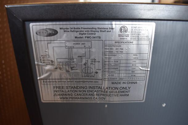 BRAND NEW SCRATCH AND DENT! Whynter FWC-341TS Stainless Steel Commercial Wine Chiller Merchandiser. 115 Volts, 1 Phase. Tested and Working! - Image 6 of 7