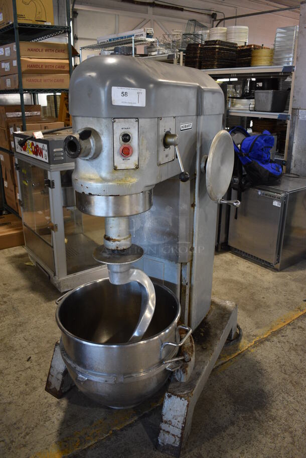 Hobart Metal Commercial Floor Style 60 Quart Planetary Dough Mixer w/ Stainless Steel Mixing Bowl and Dough Hook Attachment. 27x42x58