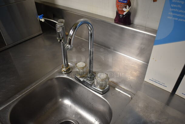 Stainless Steel Commercial Table w/ Sink Bay, Faucet, Handles, Back Splash and Under Shelf. Does Not Include Contents. BUYER MUST REMOVE. (ice room) - Image 8 of 9