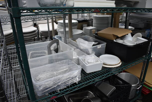ALL ONE MONEY! Lot of Green Finish 4 Tier Shelving Unit on Commercial Casters w/ All Contents Including White Ceramic Dishes, Cutting Boards and Metal Pieces. BUYER MUST DISMANTLE. PCI CANNOT DISMANTLE FOR SHIPPING. PLEASE CONSIDER FREIGHT CHARGES. 48x24x80 - Image 4 of 6