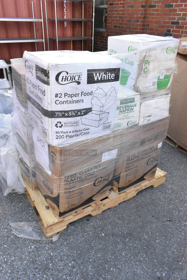 27 BRAND NEW! Items Including 500CC12 Choice Clear PET Customizable Plastic Cold Cup - 12 oz. - 1000/Case, 2 Box 347RPBD10WHC Visions 10" White Plastic Plate with Gold Bands - 120/Case, 795PTOWHT2 ChoiceWhite Microwavable Folded Paper #2 Take-Out Container 7 3/4" x 5 1/2" x 1 7/8" - 200/Case, 500LSTRWLW Choice 9, 12, 16, 20, and 24 oz. Clear Sip-Through Lid with Extra-Wide Opening - 1000/Case, 5001BNAP Choice 1-Ply White Beverage / Cocktail Napkin - 4000/Case, 502334013CL Lavex 33 Gallon 13 Micron 33" x 40" High Density Janitorial Can Liner / Trash Bag - 500/Case, 500LFLAT Choice Clear Flat Lid with Straw Slot - 9, 12, 16, 20, and 24 oz. - 1000/Case, 127P325B Choice 3.25 oz. Black Plastic Souffle Cup / Portion Cup - 2500/Case, 347RP9WHSS Visions Wave 9" White Plastic Plate - 180/Case, 966UPWIDEK OneUp by Choice Kraft 2-Ply Wide Interfold 6 1/2" x 8 1/2" Dispenser Napkin - 6000/Case, 2 Box 130BKFKSH Choice Black Heavy Weight Wrapped Plastic Cutlery Pack - 500/Case, 5002TPJ Lavex 2-Ply 720' Universal Jumbo Toilet Paper Roll with 9" Diameter - 12/Case. 27 Times Your Bid!  - Image 1 of 12