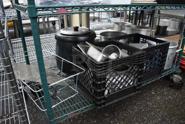 ALL ONE MONEY! Lot of Green Finish 4 Tier Shelving Unit on Commercial Casters w/ All Contents Including White Ceramic Dishes, Cutting Boards and Metal Pieces. BUYER MUST DISMANTLE. PCI CANNOT DISMANTLE FOR SHIPPING. PLEASE CONSIDER FREIGHT CHARGES. 48x24x80 - Image 5 of 6