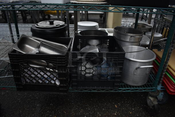 ALL ONE MONEY! Lot of Green Finish 4 Tier Shelving Unit on Commercial Casters w/ All Contents Including White Ceramic Dishes, Cutting Boards and Metal Pieces. BUYER MUST DISMANTLE. PCI CANNOT DISMANTLE FOR SHIPPING. PLEASE CONSIDER FREIGHT CHARGES. 48x24x80 - Image 6 of 6