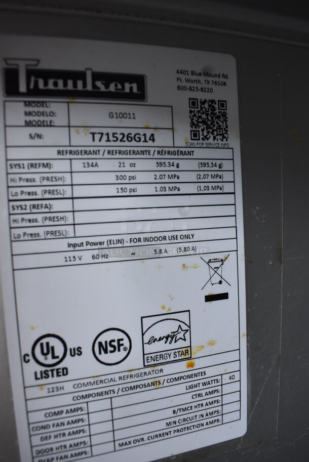 Traulsen G10011 Commercial Stainless Steel One Section Reach In Cooler With 3 Metal Racks on Commercial Casters. 115V Tested And Working! - Image 5 of 5