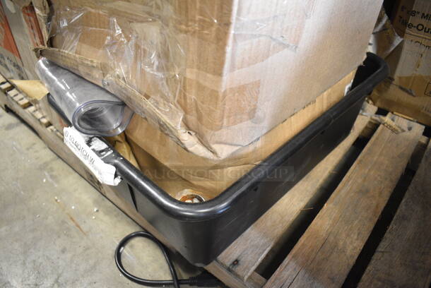 PALLET LOT of 25 BRAND NEW Boxes Including 500MF883W1C Choice 8" x 8" 1-Compartment Microwaveable White Mineral-Filled Plastic Hinged Take-Out Container - 150/Case, Dart 20J16 20 oz. White Customizable Foam Cup - 500/Case, 164TB3030 Lancaster Table & Seating 30" x 30" Cross Cast Iron Table Base Plate, Tin Trash Can Lids, 395TO991 EcoChoice 9" x 9" x 3" Compostable Sugarcane / Bagasse 1 Compartment Take-Out Box - 200/Case, French Fry Bags, 2 Box 500COLLAR8BR EcoChoice 8 oz. Kraft Coffee Cup Sleeve / Jacket / Clutch - 1200/Case, 460EC18UHAND Regency 18" NSF Chrome Utility Cart Handle, 2 Box 105GC36321 Choice 1 Part Green and White Guest Check with Bottom Guest Receipt - 50/Case, 2 Box 500MF883B1C Choice 8" x 8" 1-Compartment Microwaveable Black Mineral-Filled Plastic Hinged Take-Out Container - 150/Case, Regency 600SPL2424R Regency 15" High Stainless Steel Mop Sink Backsplash and Right Side Splash for 24 x 24" Mop Sink. 25 Times Your Bid!  - Image 9 of 12