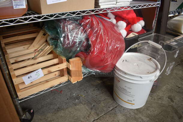 ALL ONE MONEY! Tier Lot of Various Items Including Santa Hats and Costumes, Wooden Crates and Poly Bins!