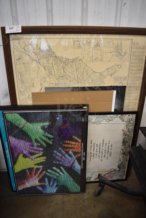 6 Various Pictures Including Hands and Map. Includes 54x1x41. 6 Times Your Bid!