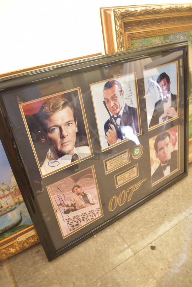 Framed Collage of 5 Autographed James Bonds Actors Including Sean Connery, Roger Moore, Timothy Dalton, Pierce Brosnan, and George Lazenby. Certificate of Authenticity is Attached To Back of Frame. - Image 2 of 9