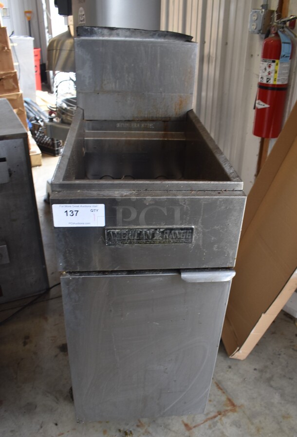 American Range AF-45 Stainless Steel Commercial Floor Style Natural Gas Powered Deep Fat Fryer on Commercial Casters. 40,000 BTU.